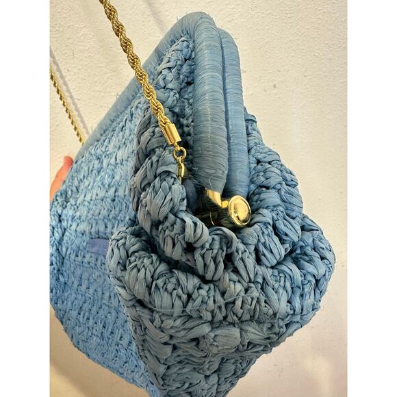 LOEFFLER RANDALL Light Blue Crochet Trudie Frame Gold Chain Clutch Purse Bag - Picture 9 of 16